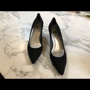 Stuart Weitzman Black Lace and Jewel Kitten Heel